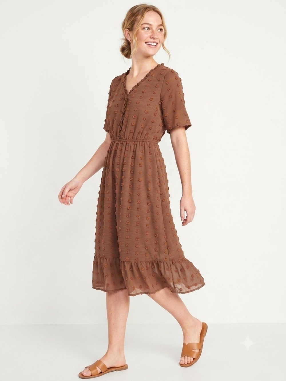 Polagram Brown Textured Midi Dress with Ruffle Hem